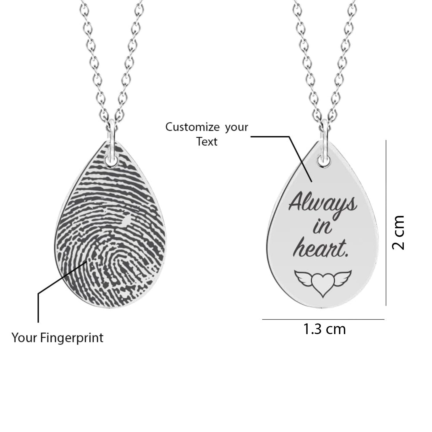 Personalised 925 Sterling Silver Engraved Fingerprint With Name Drop Pendant Necklace for Women