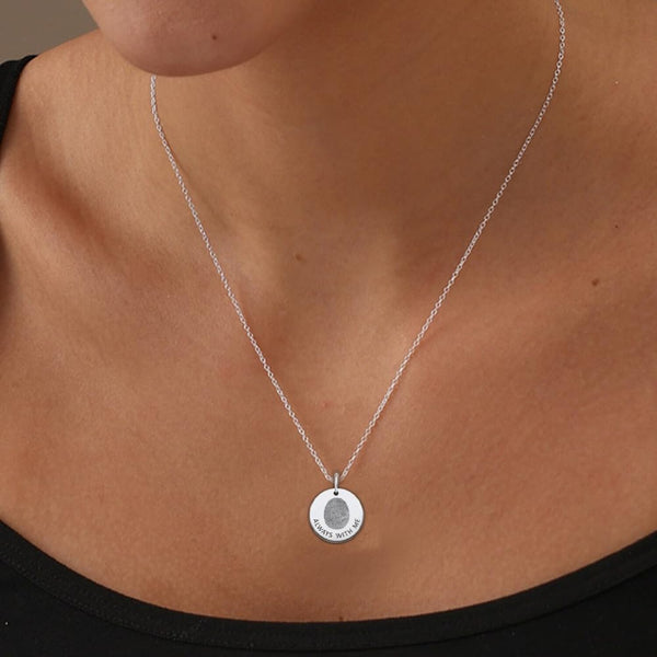 Personalised 925 Sterling Silver Engraved Round Fingerprint with Name Pendant Necklace for Women