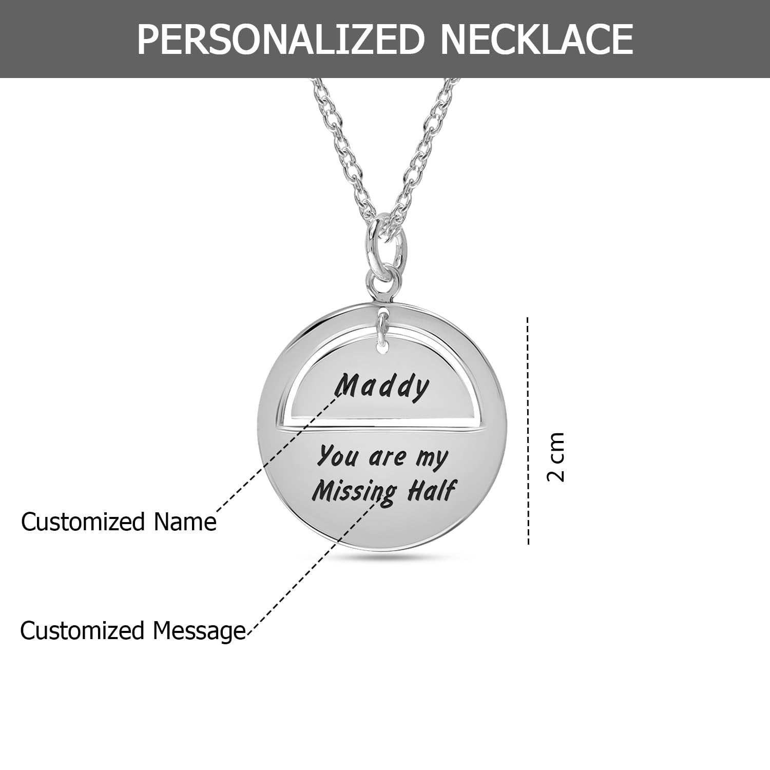 Personalised 925 Sterling Silver Engraved Name and Message Round Disc Pendant Necklace with Personalised Message BOX for Women