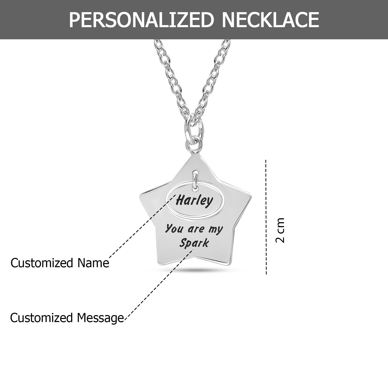 Personalised 925 Sterling Silver Engraved Name and Message Star Pendant Necklace with Personalised Message BOX for Women