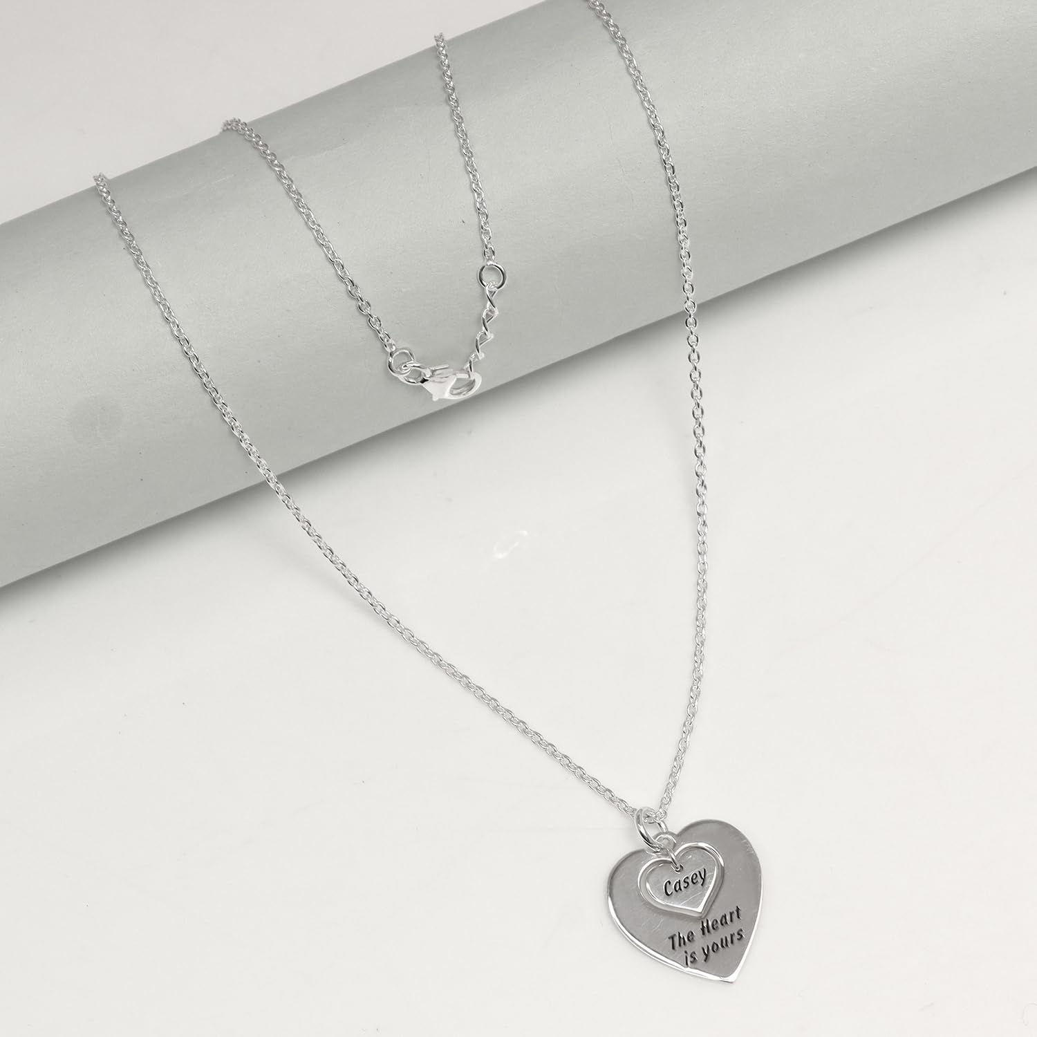 Personalised 925 Sterling Silver Engraved Name and Message Double Heart Pendant Necklace for Women