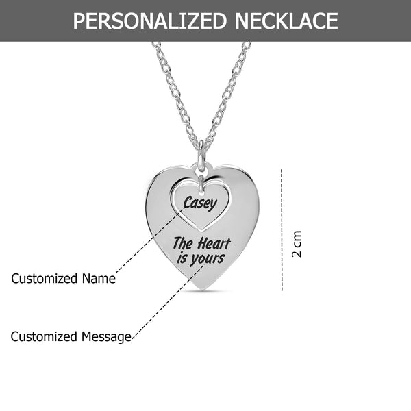 Personalised 925 Sterling Silver Engraved Name and Message Double Heart Pendant Necklace with Personalised Photo & Message BOX for Women