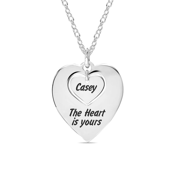 Personalised 925 Sterling Silver Engraved Name and Message Double Heart Pendant Necklace with Personalised Message BOX for Women