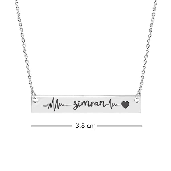 Personalised 925 Sterling Silver Engraved Heart Beat with Name Bar Pendant Necklace for Women Teen