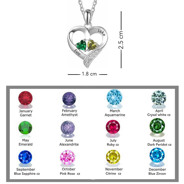 Personalised 2 Names with 2 Heart Birthstone Couple Pendant Necklace for Women and Teen