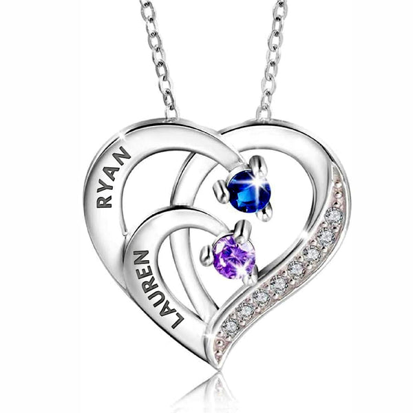 Personalised Two Name with Birthstone Heart Shape Necklace with Personalised Message Box For Women