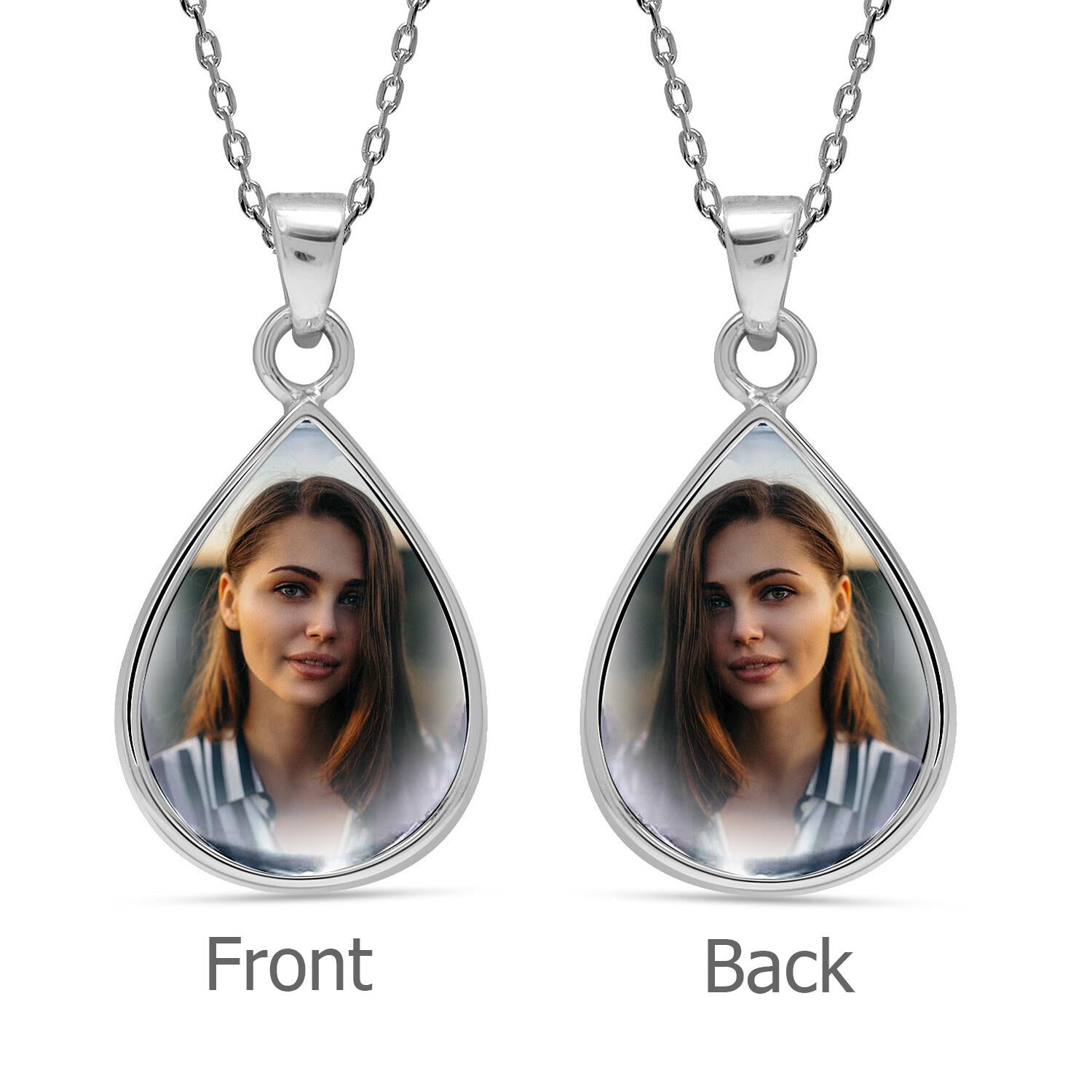 925 Sterling Silver Personalised Photo Double Sided Picture Drop Shape Transparent Resin Pendant Necklace for Teen Women