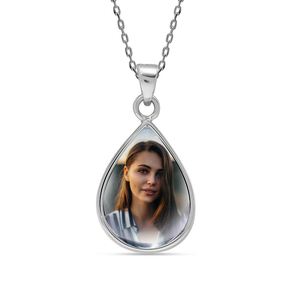 925 Sterling Silver Personalised Photo Double Sided Picture Drop Shape Transparent Resin Pendant Necklace for Teen Women