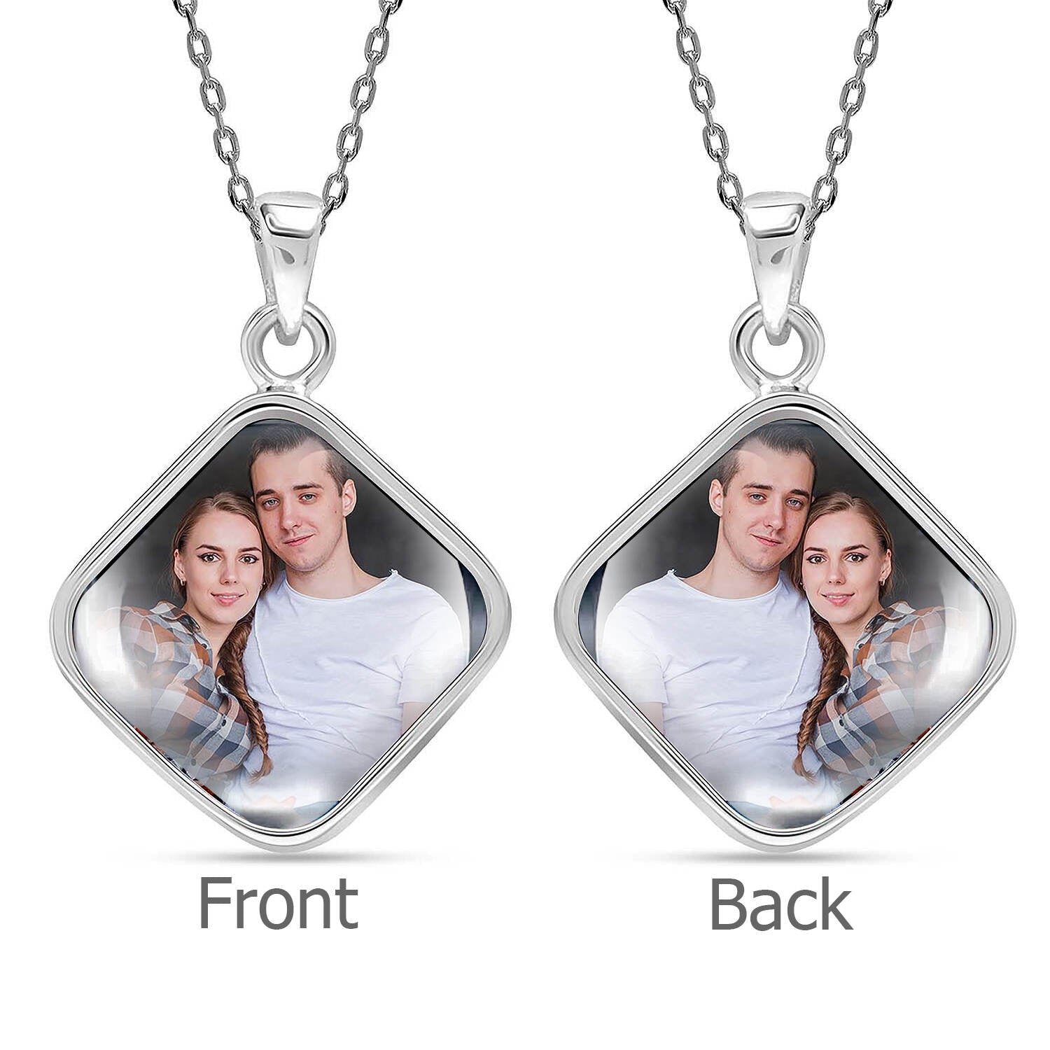 925 Sterling Silver Personalised Photo Double Sided Picture Square Shape Transparent Resin Pendant Necklace for Teen Women