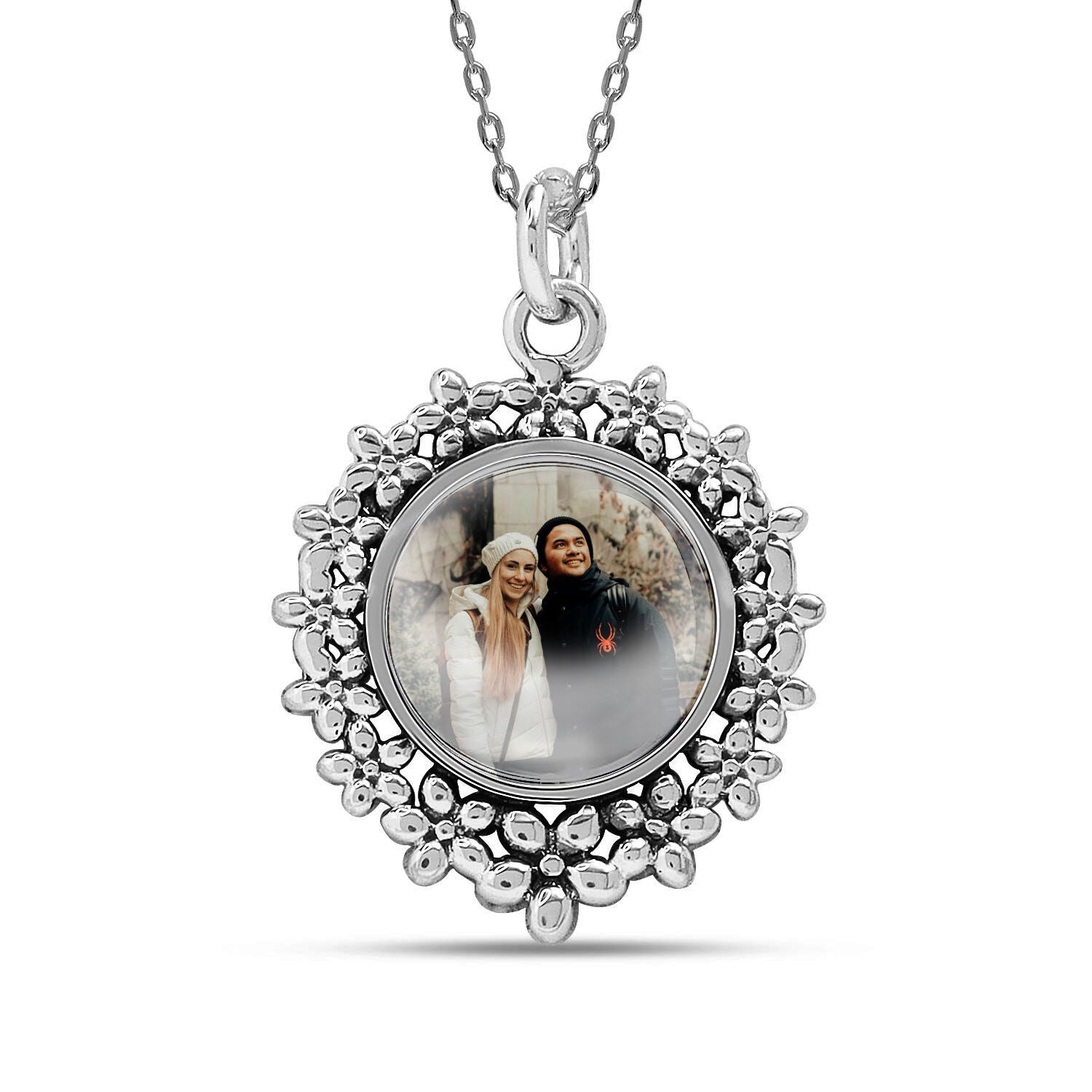 925 Sterling Silver Personalised Double Sided Picture Custom Photo Round Shape Transparent Resin Pendant Necklace for Teen Women