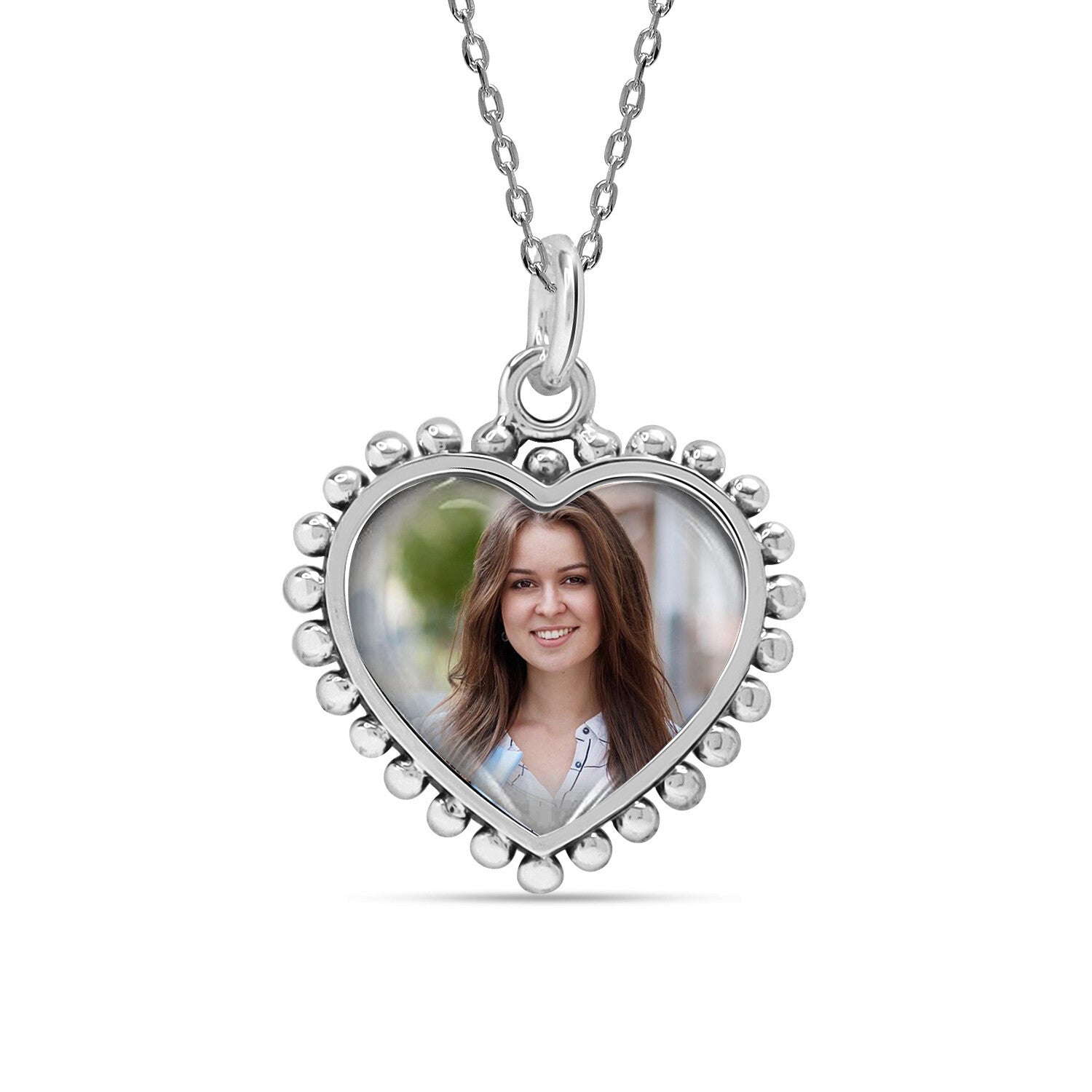 925 Sterling Silver Personalised Double Sided Beaded Heart Photo Custom Picture Granuals Transparent Resin Pendant Necklace for Teen Women