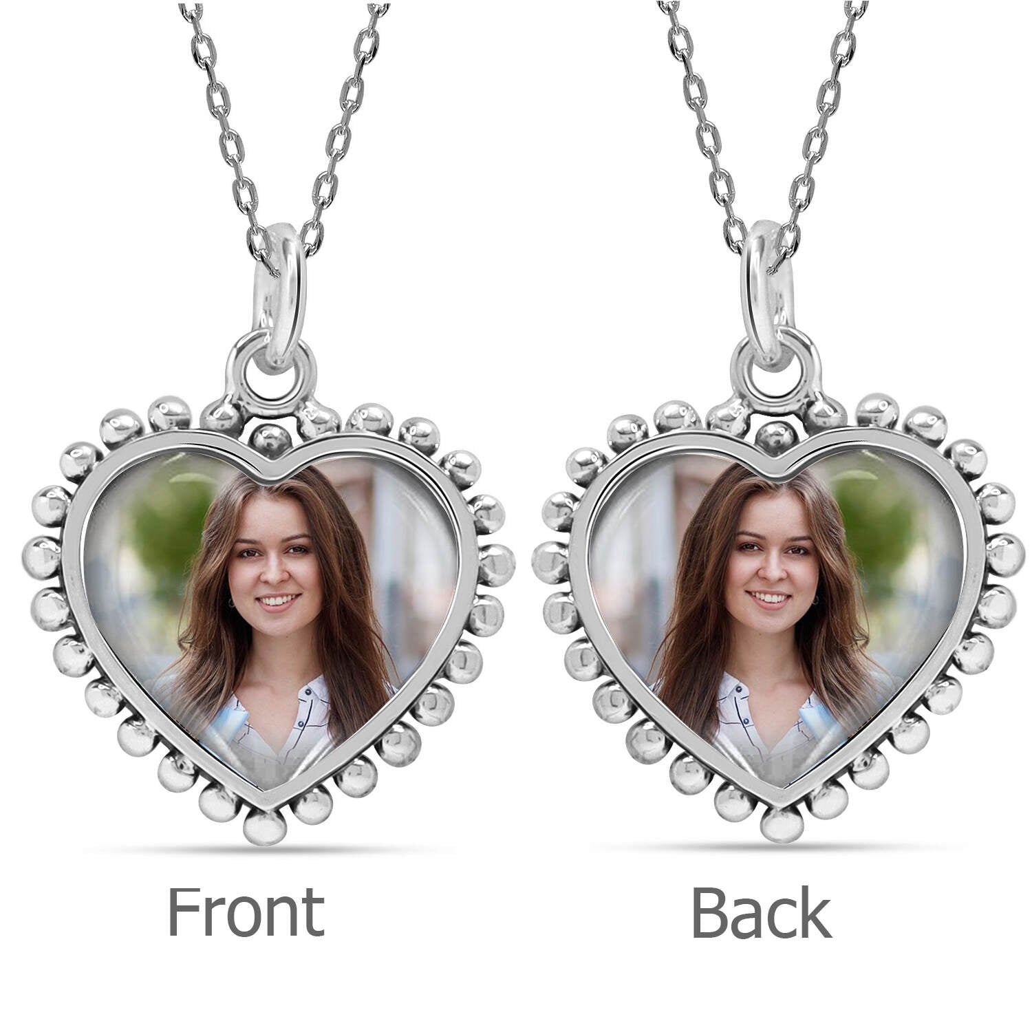 925 Sterling Silver Personalised Double Sided Beaded Heart Photo Custom Picture Granuals Transparent Resin Pendant Necklace for Teen Women