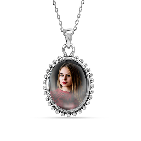 925 Sterling Silver Personalised Double Sided Beaded Oval Photo Custom Picture Granuals Transparent Resin Pendant Necklace for Teen Women