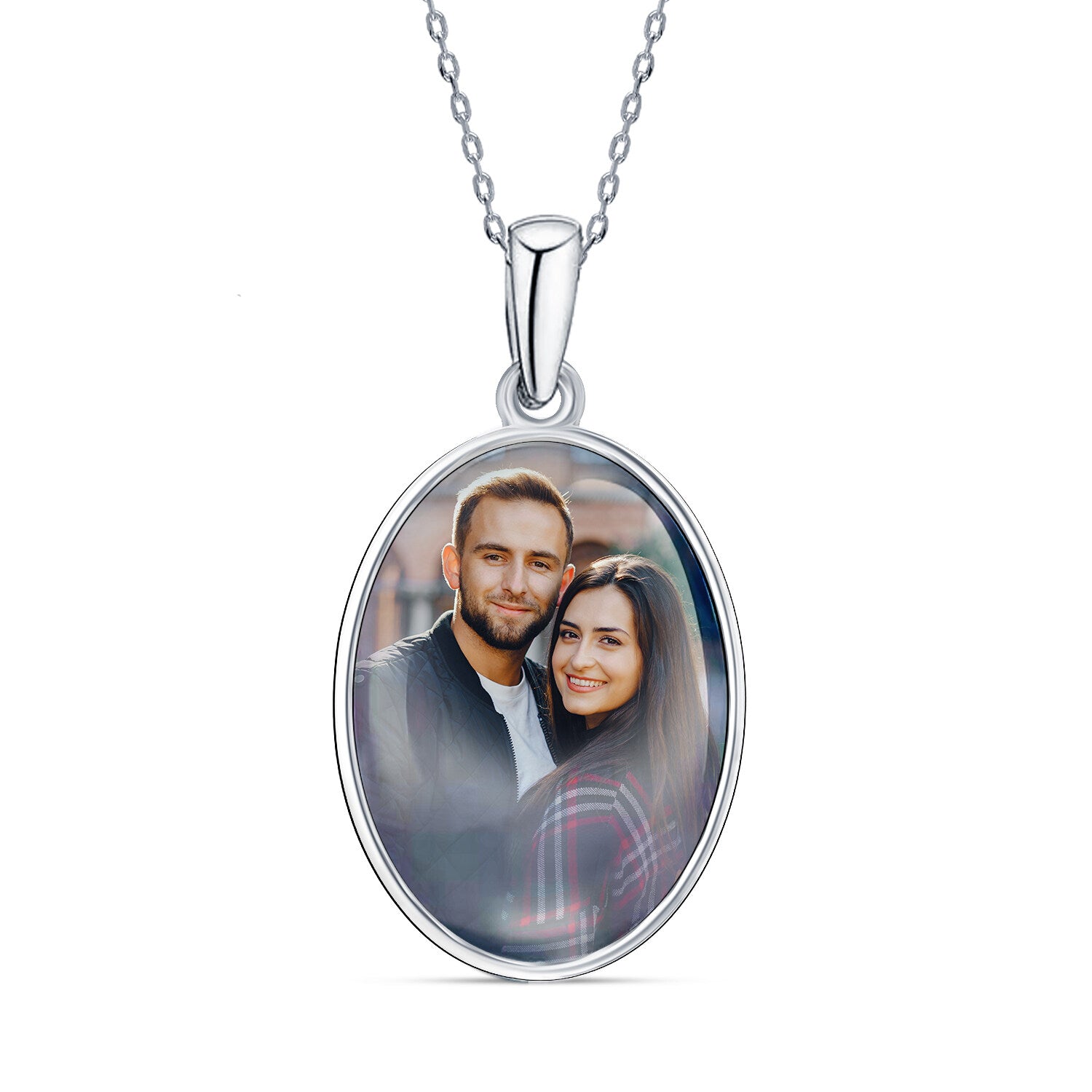 925 Sterling Silver Personalised Double Sided Oval Photo Custom Picture Transparent Resin Pendant Necklace for Teen Women