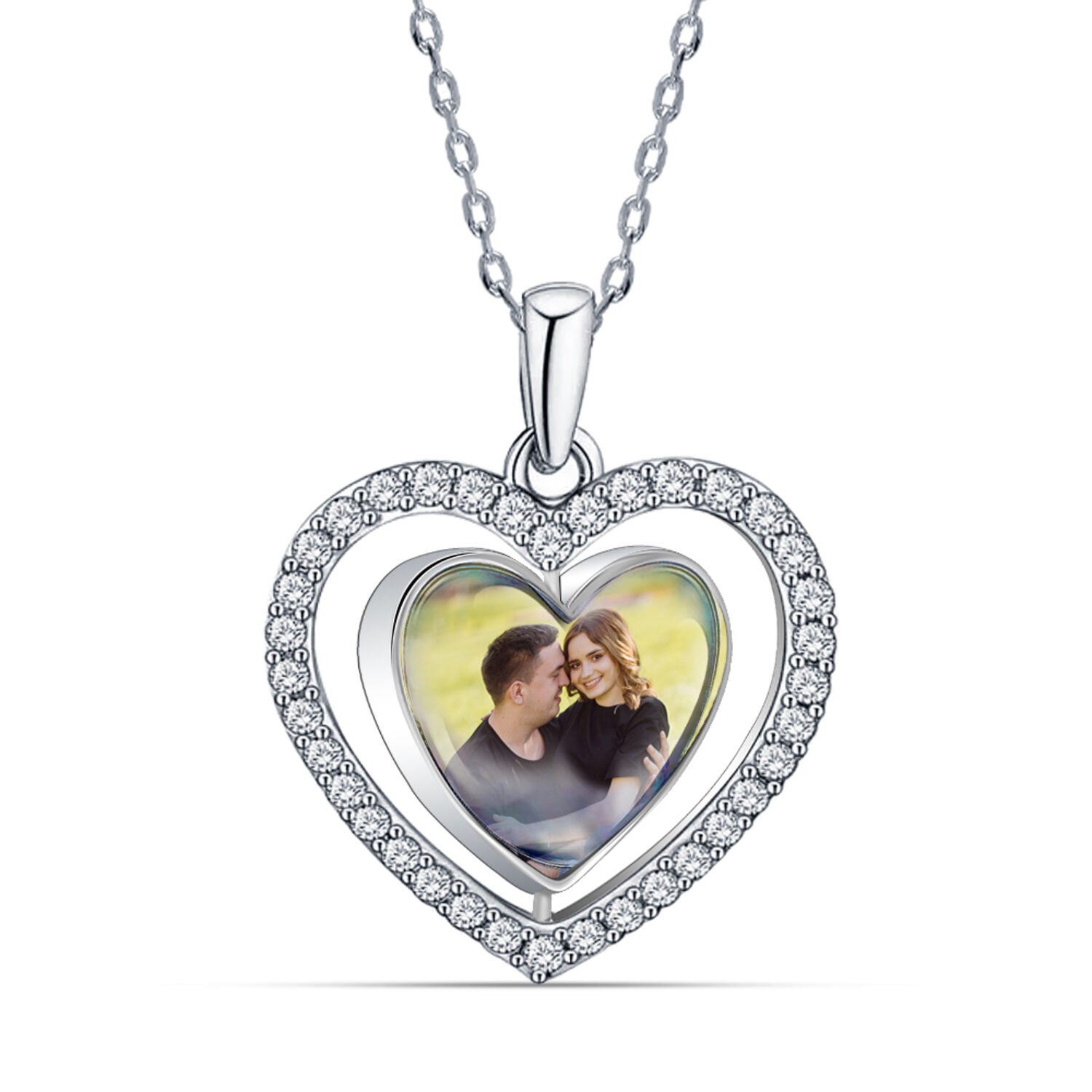 925 Sterling Silver Personalised Double Sided Picture Rotating Custom Photo Heart Shape Transparent Resin Pendant Necklace for Teen Women