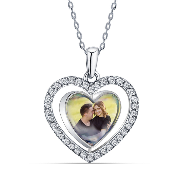 925 Sterling Silver Personalised Double Sided Picture Rotating Custom Photo Heart Shape Transparent Resin Pendant Necklace for Teen Women