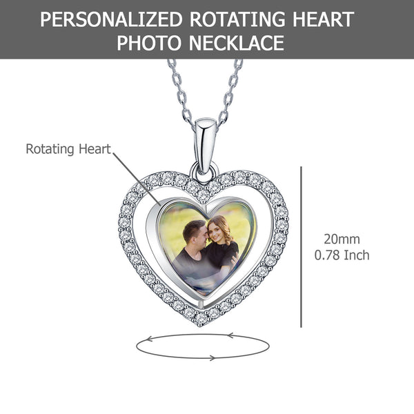 925 Sterling Silver Personalised Double Sided Picture Rotating Custom Photo Heart Shape Transparent Resin Pendant Necklace for Teen Women