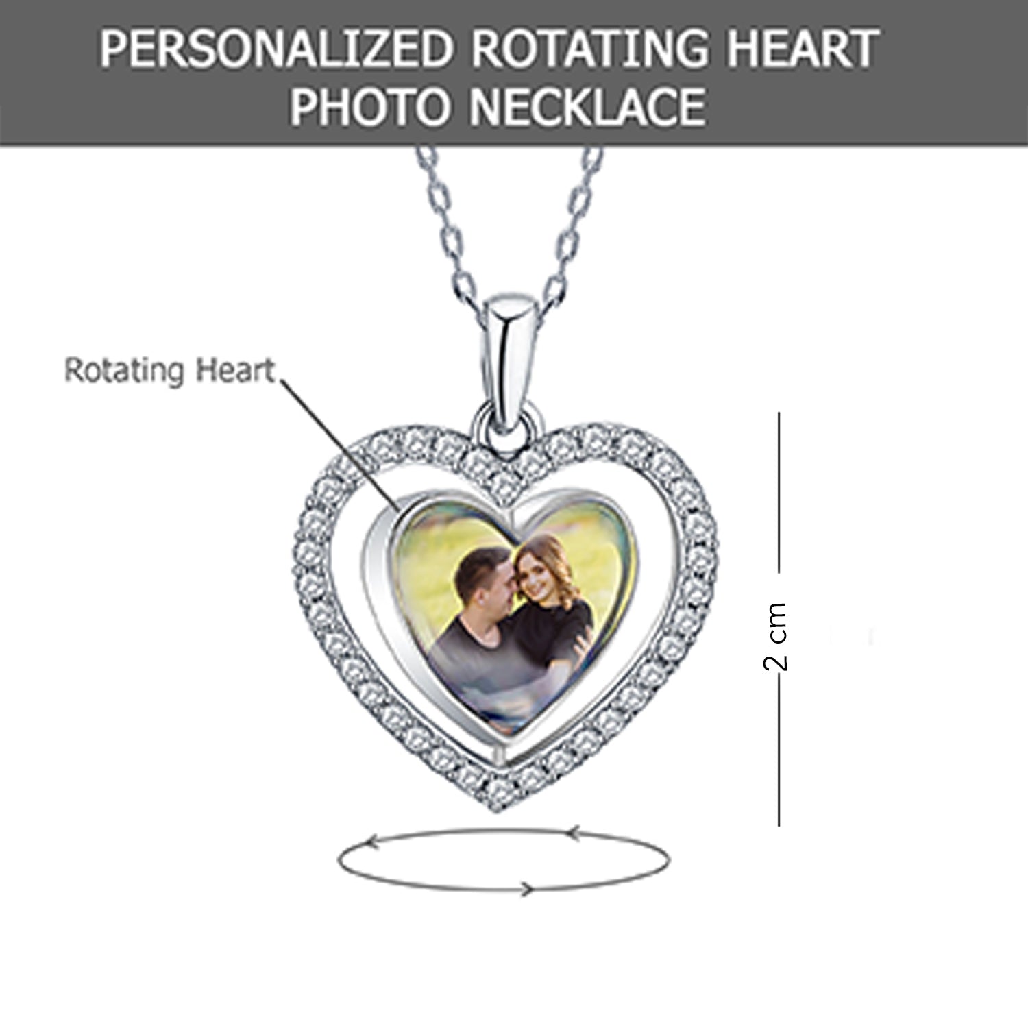 925 Sterling Silver Personalised Double Sided Picture Rotating Custom Photo Heart Shape Transparent Resin Pendant Necklace with Personalised Message BOX for Teen Women