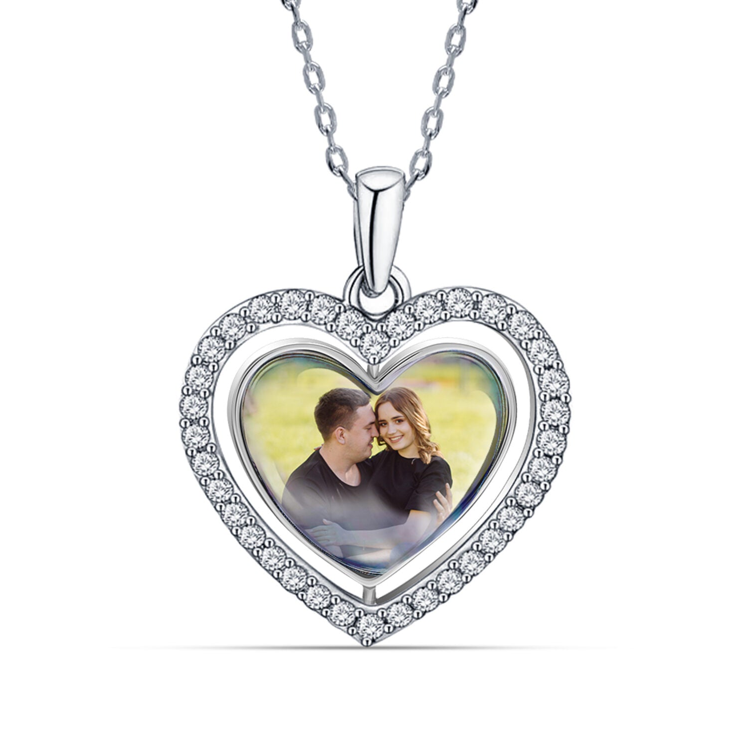 925 Sterling Silver Personalised Double Sided Picture Rotating Custom Photo Heart Shape Transparent Resin Pendant Necklace for Teen Women