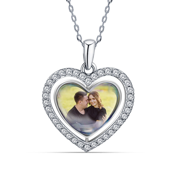 925 Sterling Silver Personalised Double Sided Picture Rotating Custom Photo Heart Shape Transparent Resin Pendant Necklace for Teen Women