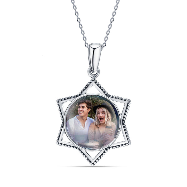 925 Sterling Silver Personalised Round Star Shape Photo Custom Double Sided Picture Transparent Resin Pendant Necklace with Personalised Photo & Message BOX for Teen Women