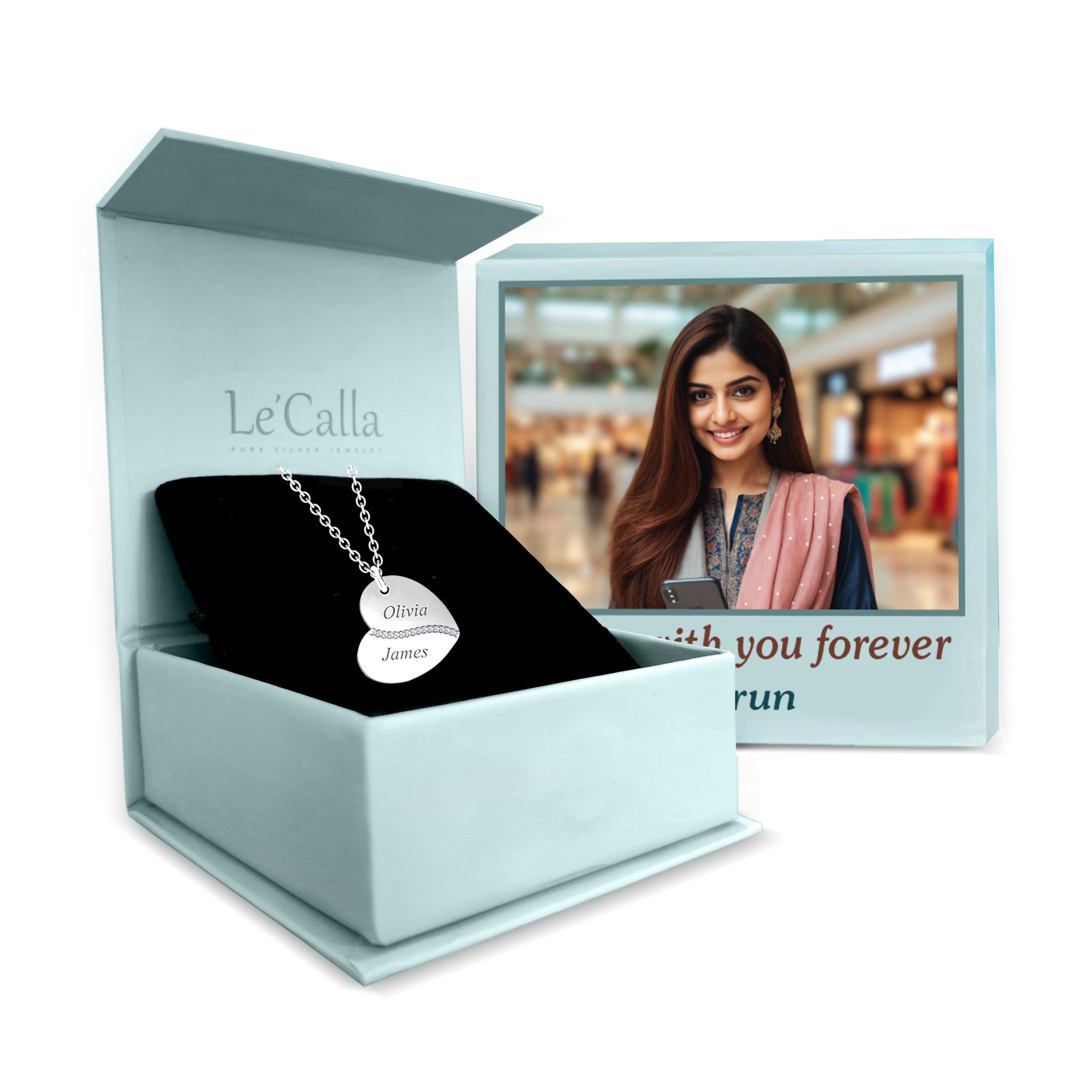 Personalised 925 Sterling Silver Engraved Couple Heart Name Necklace with Personalised Photo & Message BOX for Women