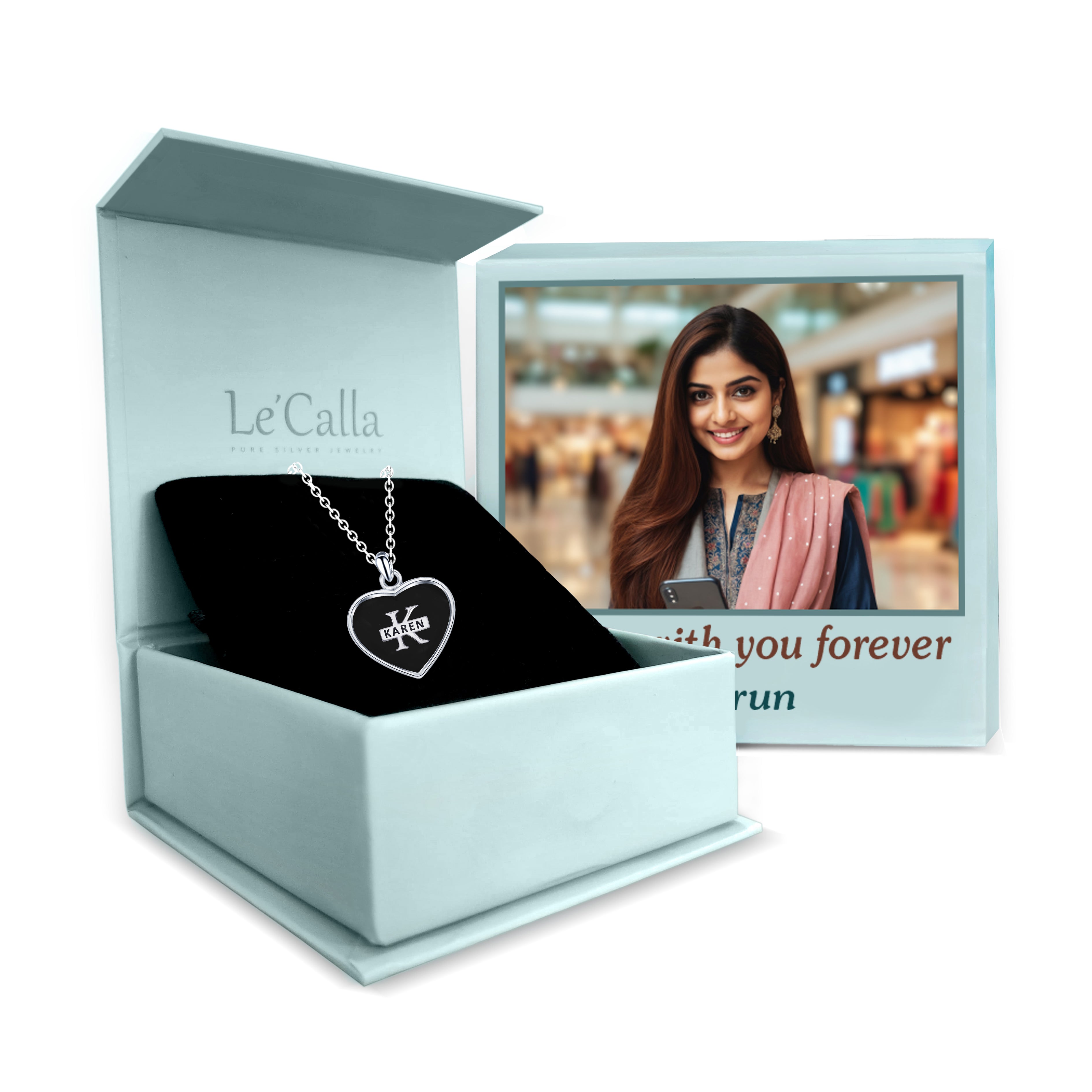 925 Sterling Silver Personalised Heart Shape Custom Initial Transparent Resin Pendant Necklace with Personalised Photo & Message BOX for Teen Women