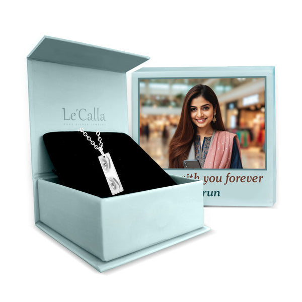 925 Sterling Silver Personalised Engraved Eyes Photo Bar Pendant Necklace with Personalised Photo & Message Box for Women