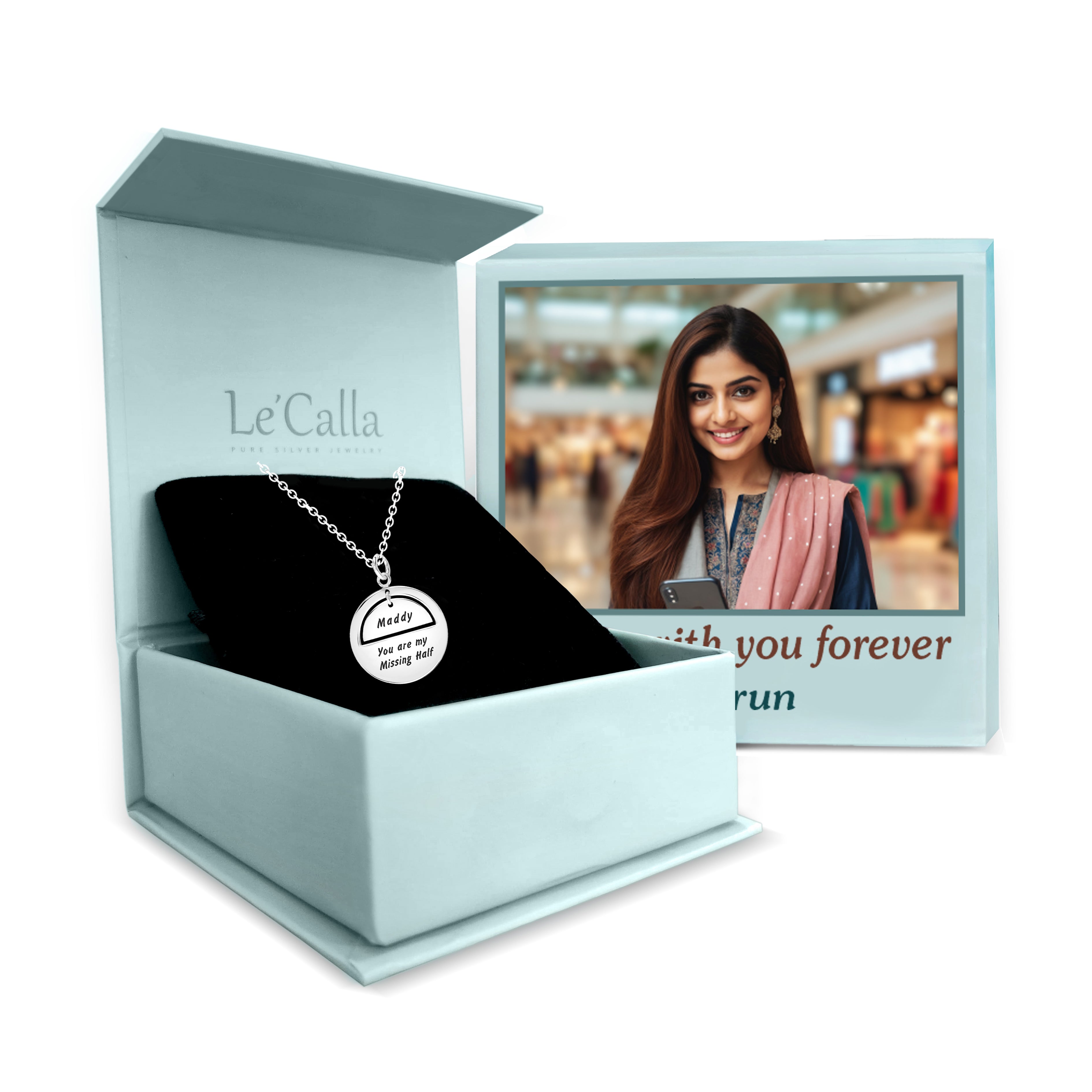 Personalised 925 Sterling Silver Engraved Name and Message Round Disc Pendant Necklace with Personalised Photo & Message BOX for Women