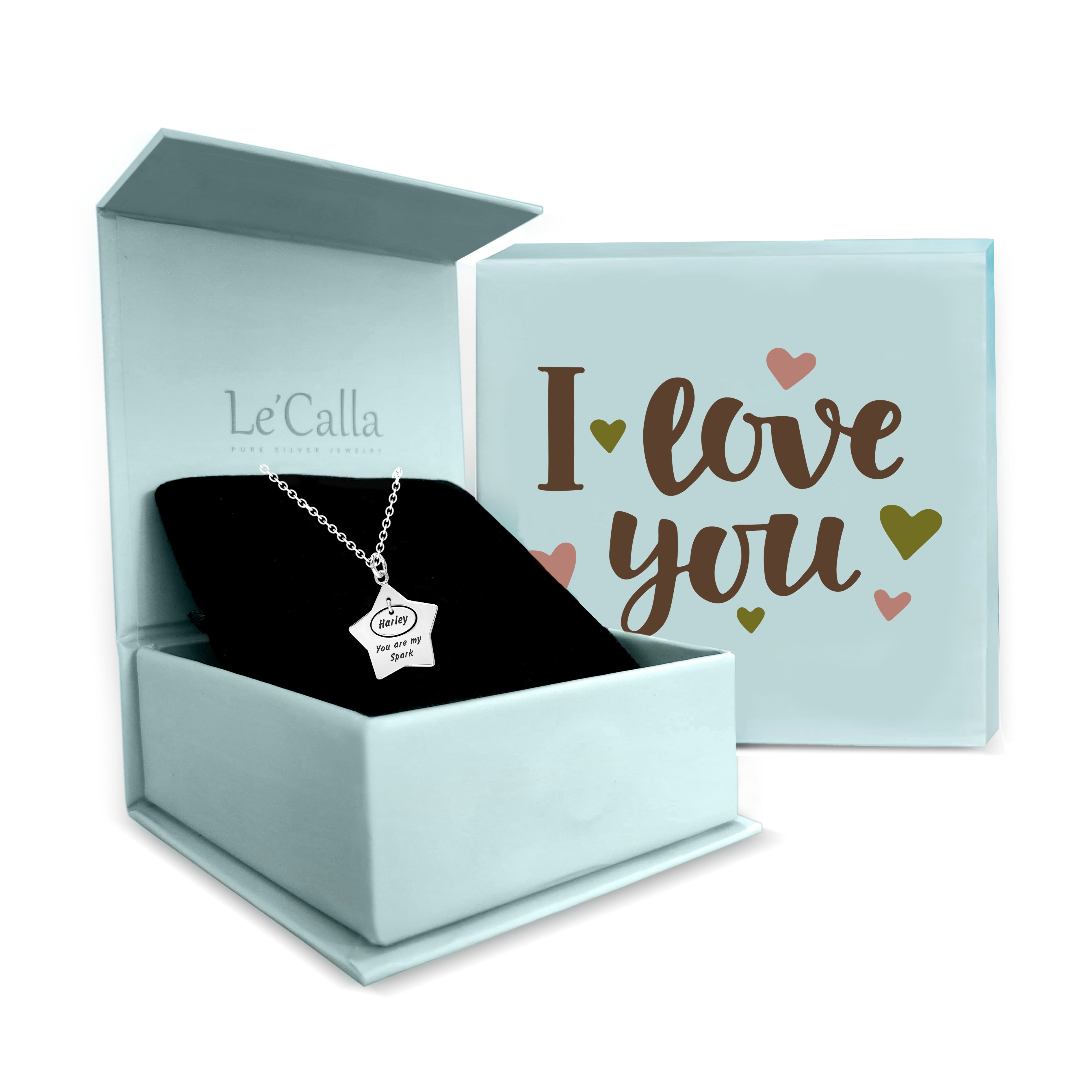 Personalised 925 Sterling Silver Engraved Name and Message Star Pendant Necklace with Personalised Message BOX for Women