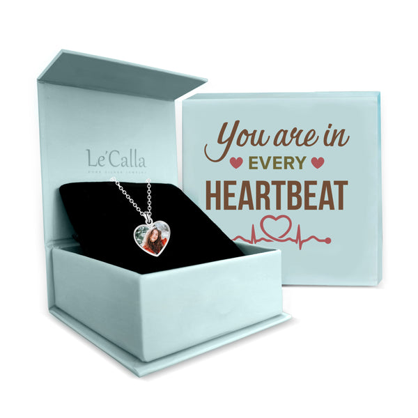 925 Sterling Silver Personalised Photo Double Sided Picture Heart Shape Transparent Resin Pendant Necklace with Personalised Message BOX for Teen Women