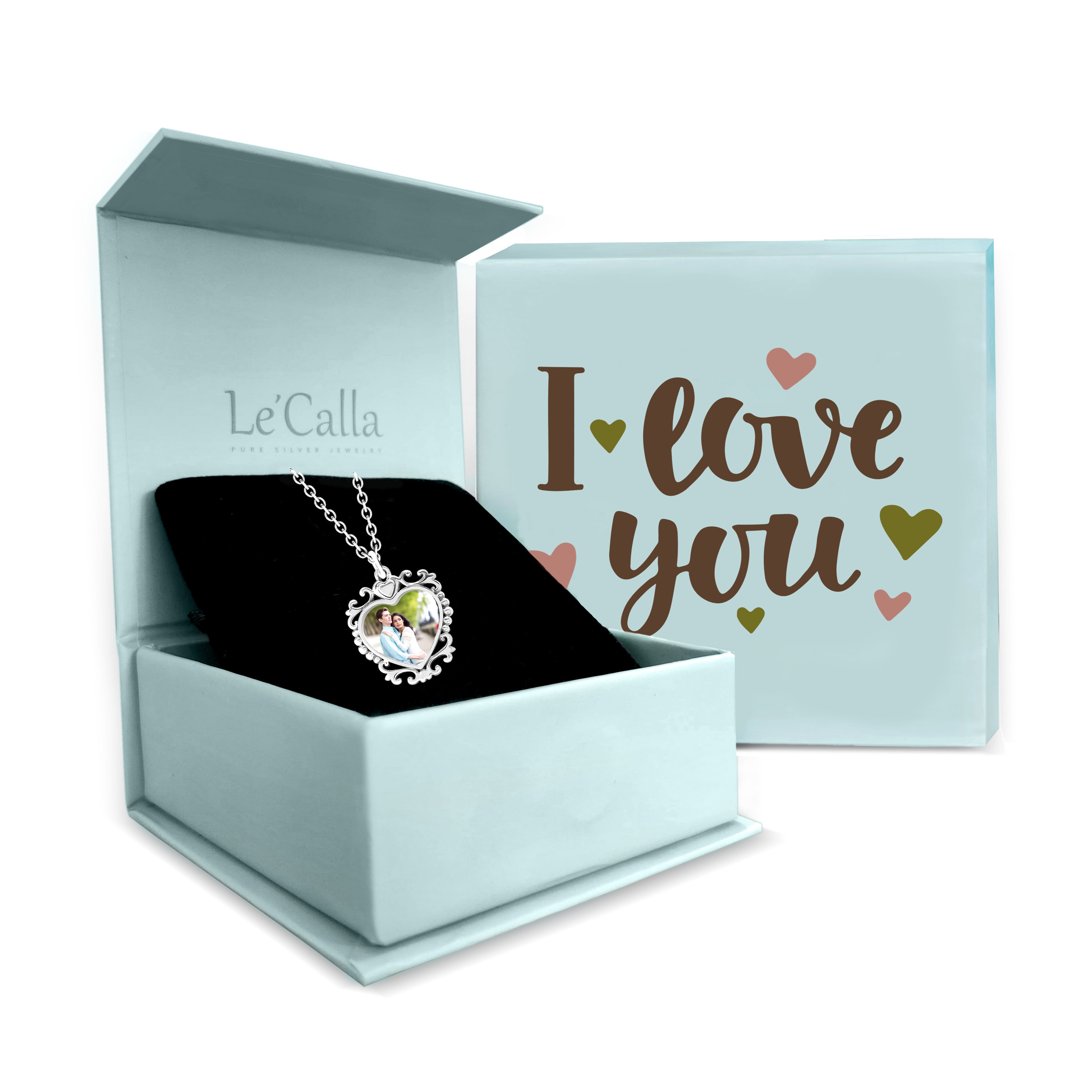 925 Sterling Silver Personalised Double Sided Custom Photo Heart Shape Filigree Border Transparent Resin Pendant Necklace with Personalised Message BOX for Teen Women