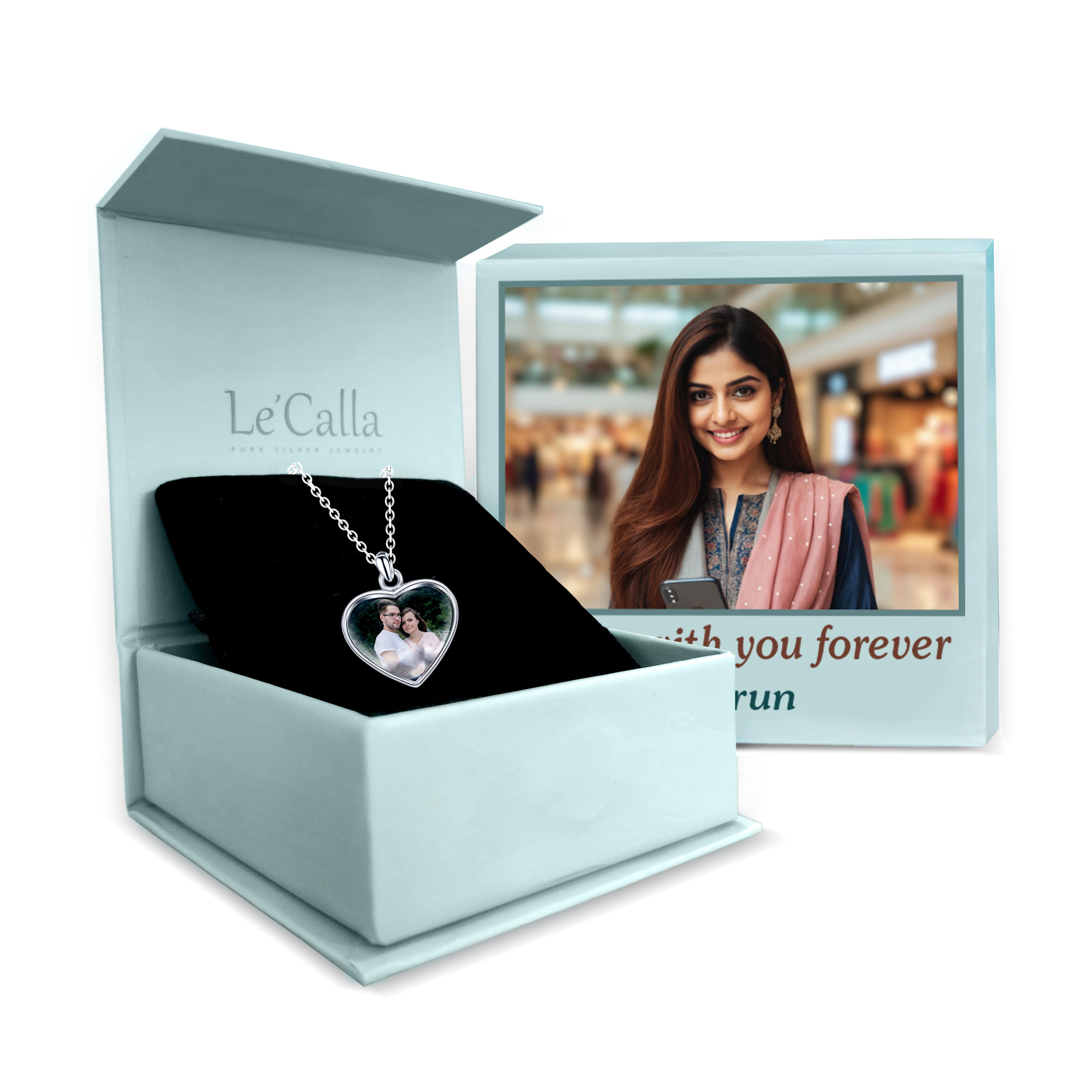 925 Sterling Silver Personalised Double Sided Heart Photo Custom Picture Transparent Resin Pendant Necklace with Personalised Photo & Message BOX for Teen Women