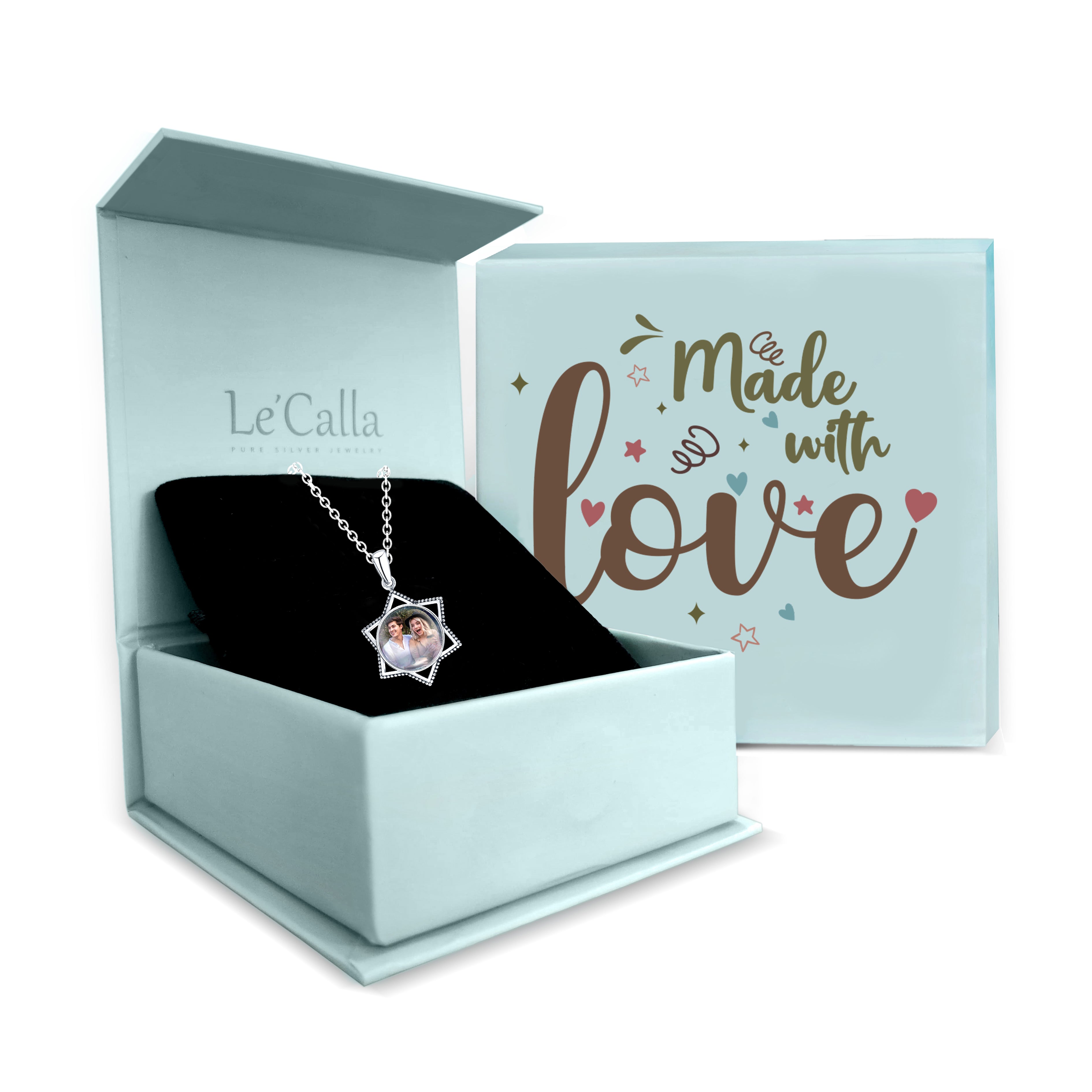 925 Sterling Silver Personalised Round Star Shape Photo Custom Double Sided Picture Transparent Resin Pendant Necklace with Personalised Message BOX for Teen Women