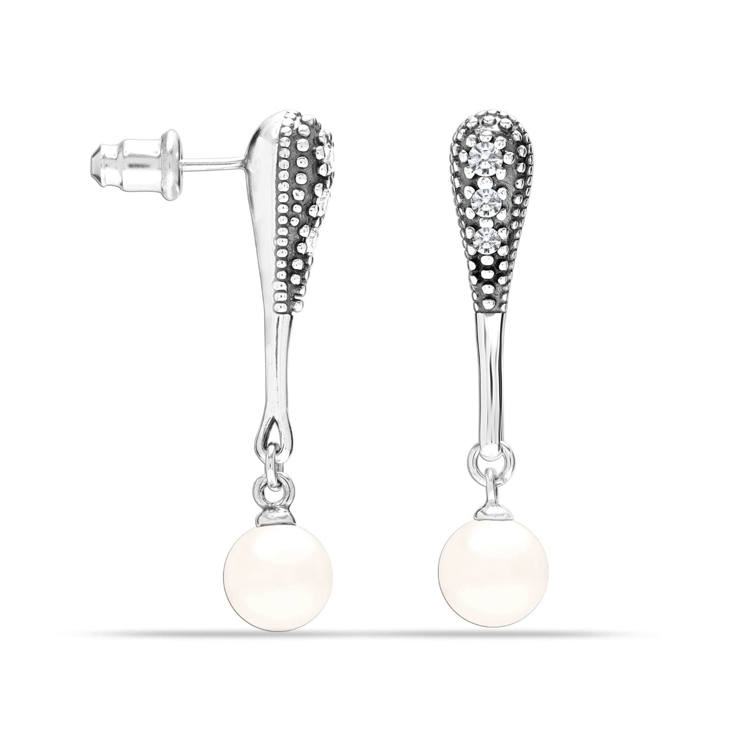 925 Sterling Silver CZ Pearl Drop Dangle Earrings for Women