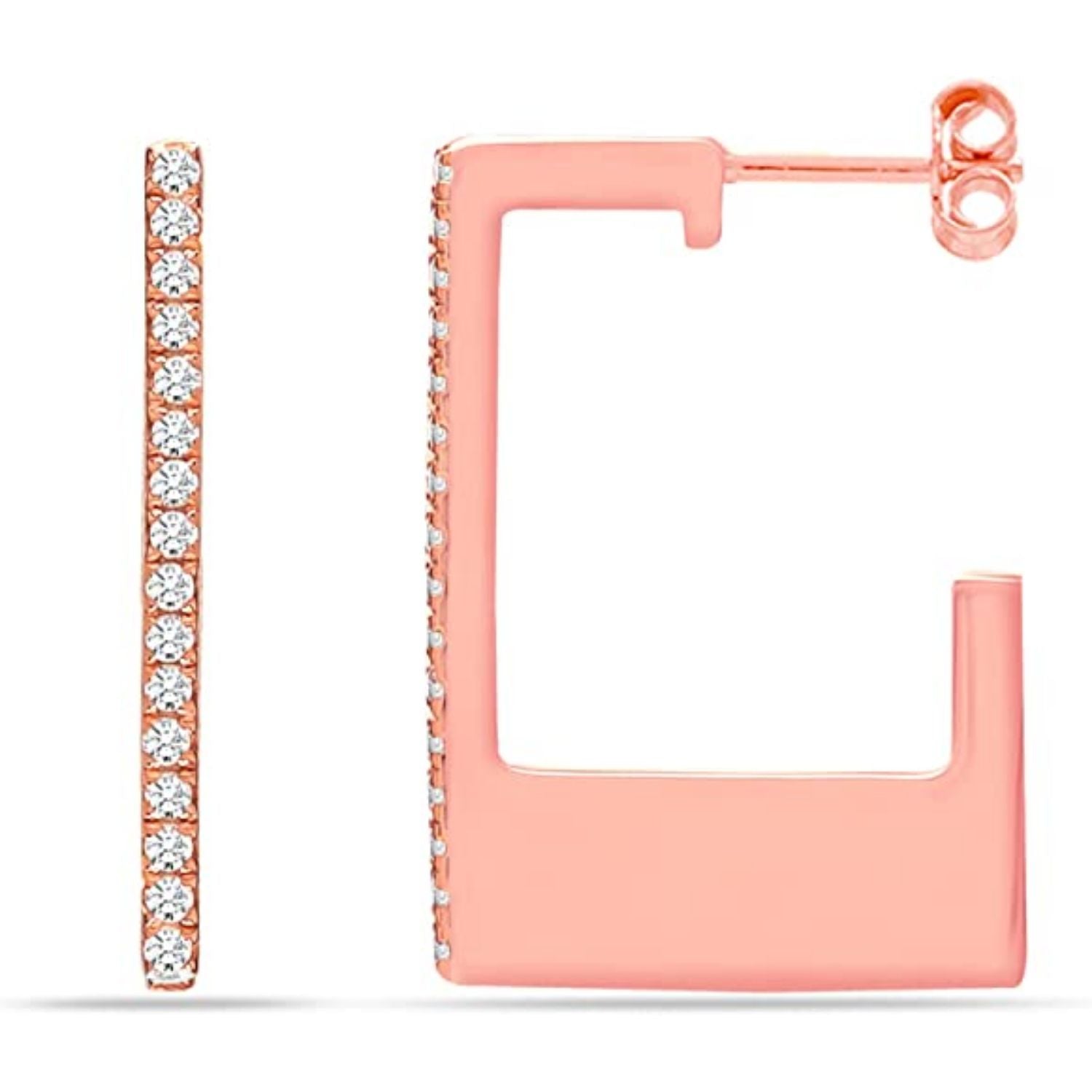 925 Sterling Silver Rose Gold-Plated Zirconia Rectangular J Hoop Earrings for Women