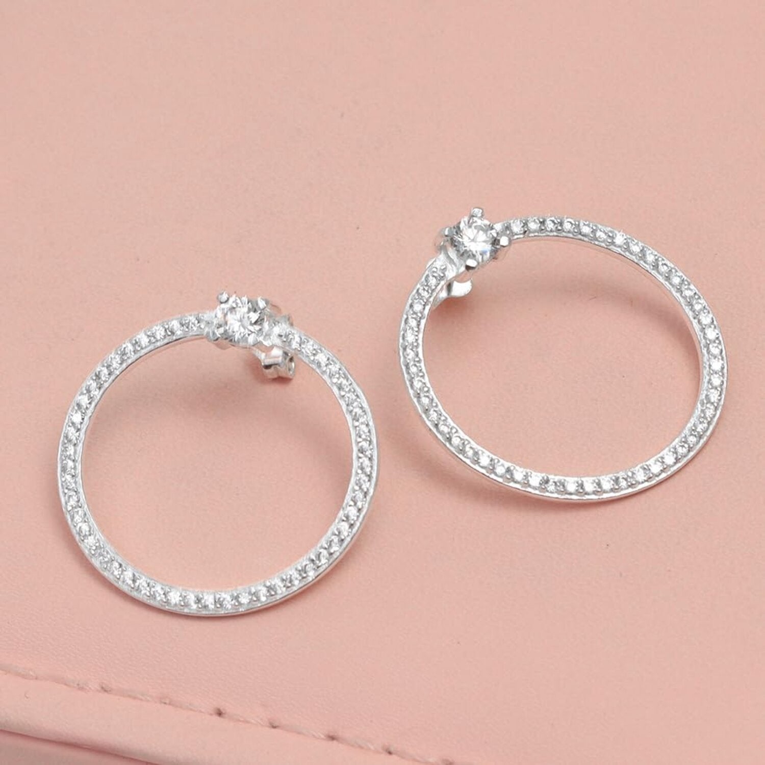 925 Steling Silver Open Circle Shape Drop Studs with Cubic Zirconia Earrings for Women