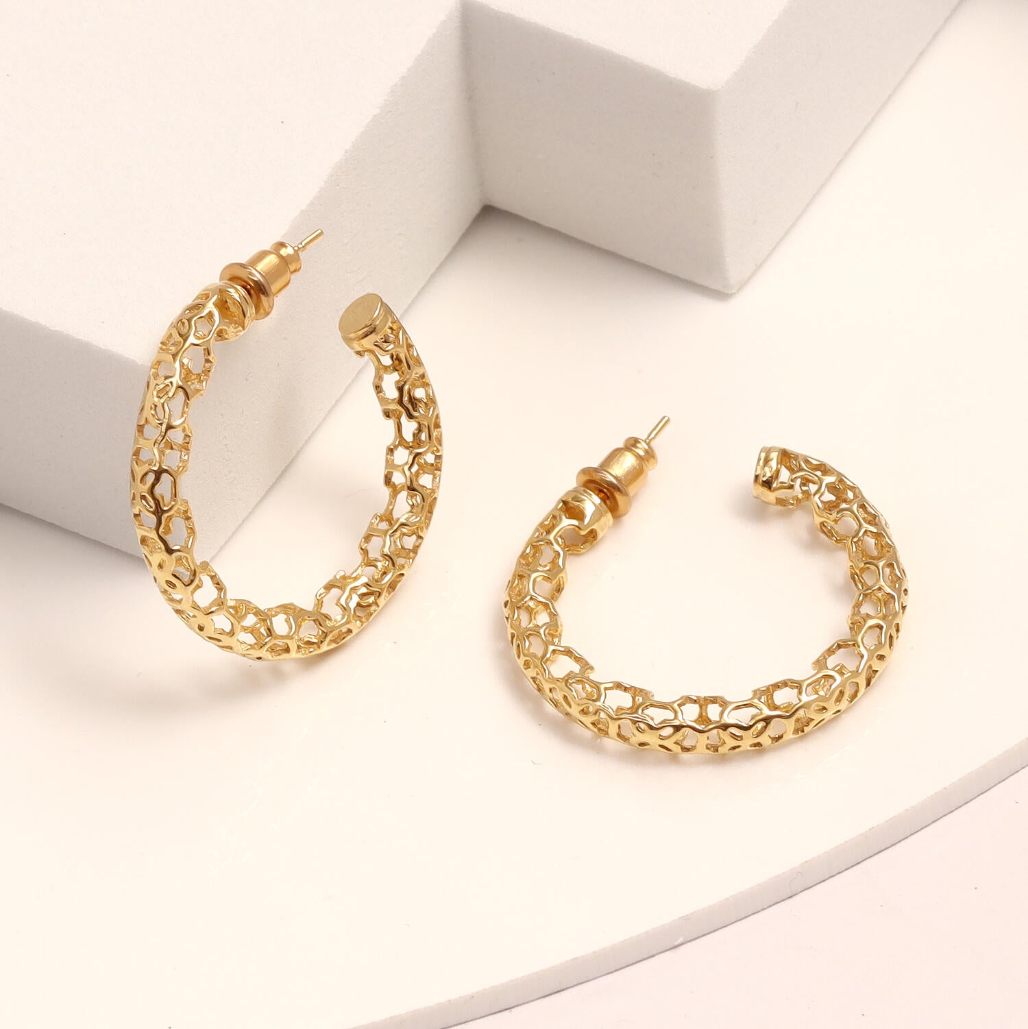 925 Sterling Silver 14K Gold Plated Italian Design Filigree C-Hoop Earrings for Women Teen