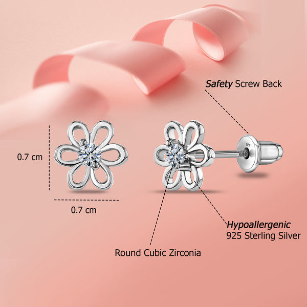 925 Sterling Silver Rhodium Plated Cubic Zirconia Flower Shape Small Stud Earrings for Kids and Girls