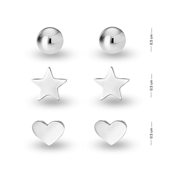 925 Sterling Silver Set of 3 Pairs Ball Star Moon Cross Heart Triangle Bar CZ and Love-Knot Stud Earrings for Women and Girls