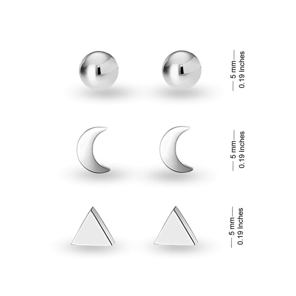 925 Sterling Silver Set of 3 Pairs Ball Star Moon Cross Heart Triangle Bar CZ and Love-Knot Stud Earrings for Women and Girls