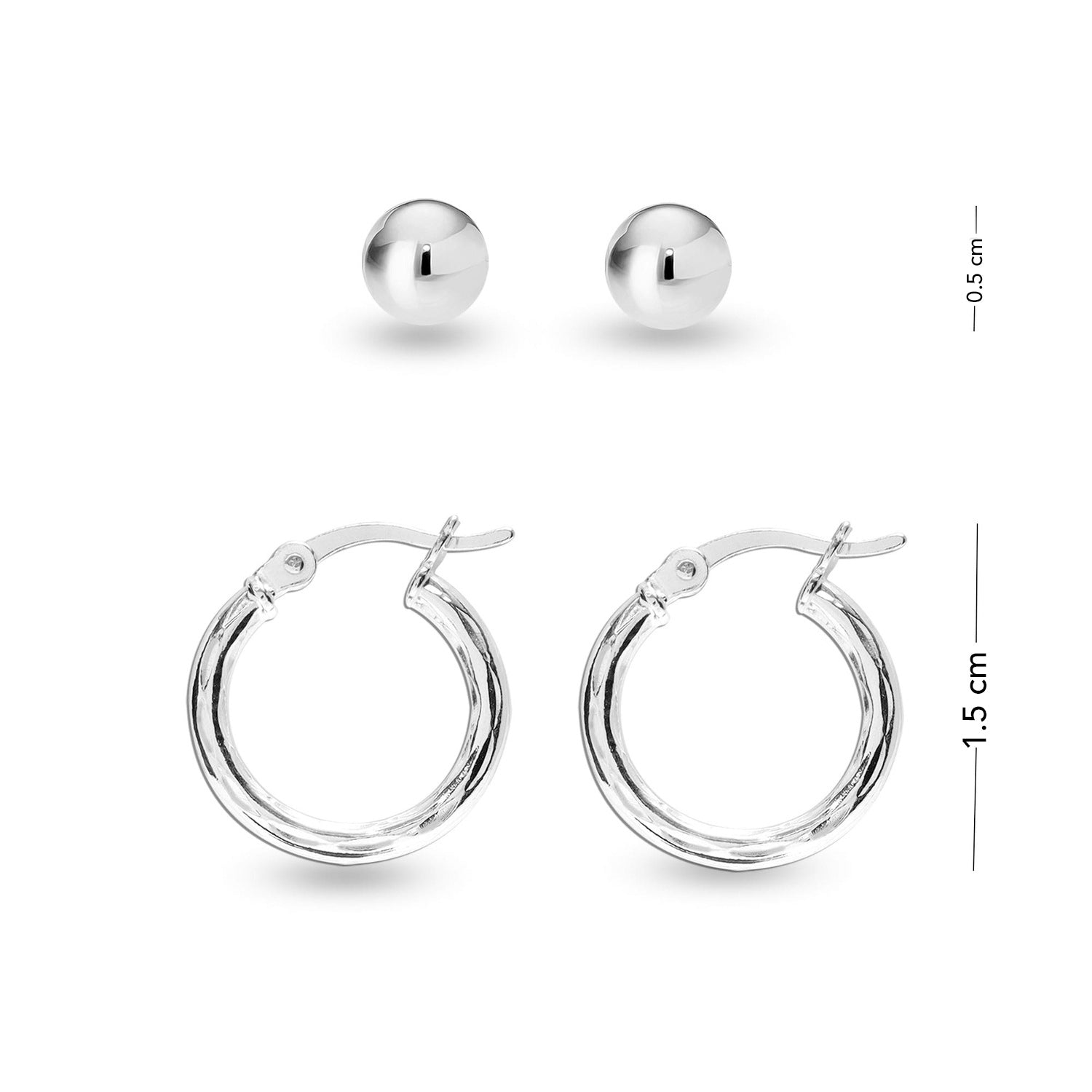 925 Sterling Silver Diamond-Cut Click-Top Small Hoop Ball-Post Stud Earrings For Women Teen Set of 2 Pairs