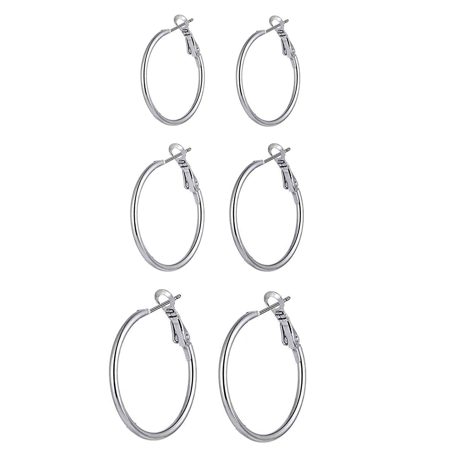 925 Sterling Silver Set of 3 Pairs BIG Hoop Clutchless Earrings for Women