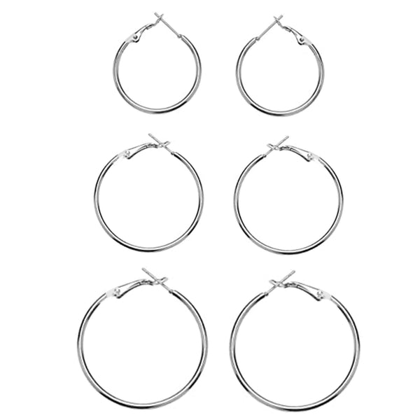 925 Sterling Silver Set of 3 Pairs BIG Hoop Clutchless Earrings for Women