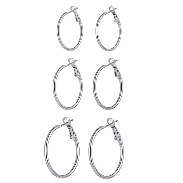 925 Sterling Silver Set of 3 Pairs BIG Hoop Clutchless Earrings for Women