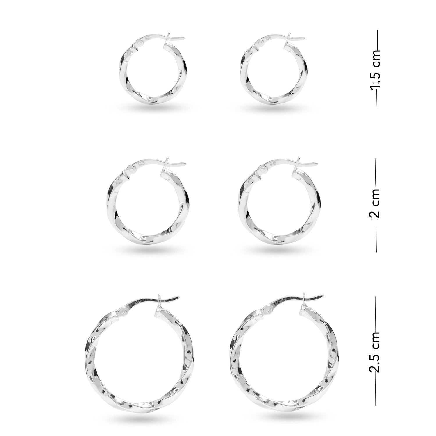 925 Sterling Silver Set of 3 Pairs Small Twisted Hoop Earrings for Women