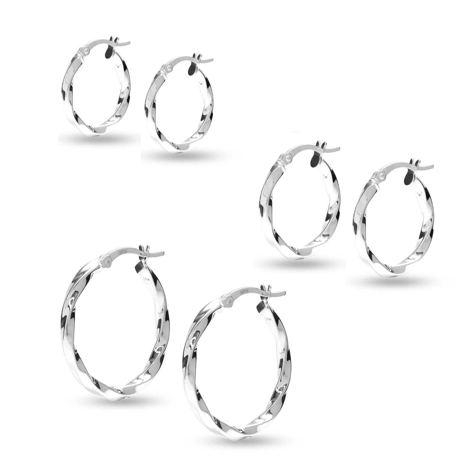 925 Sterling Silver Set of 3 Pairs Small Twisted Hoop Earrings for Women