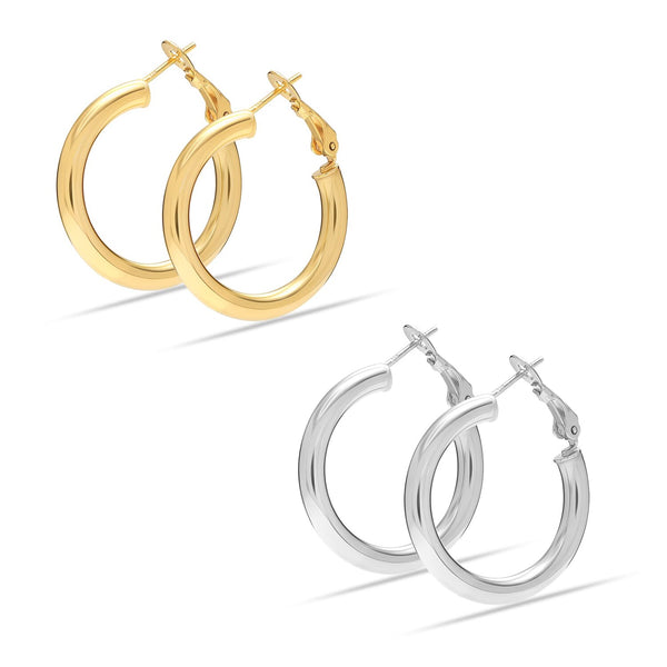 925 Sterling Silver Set of 2 Pairs Chunky Thick Clutchless Hoop Earrings for Women and Teen