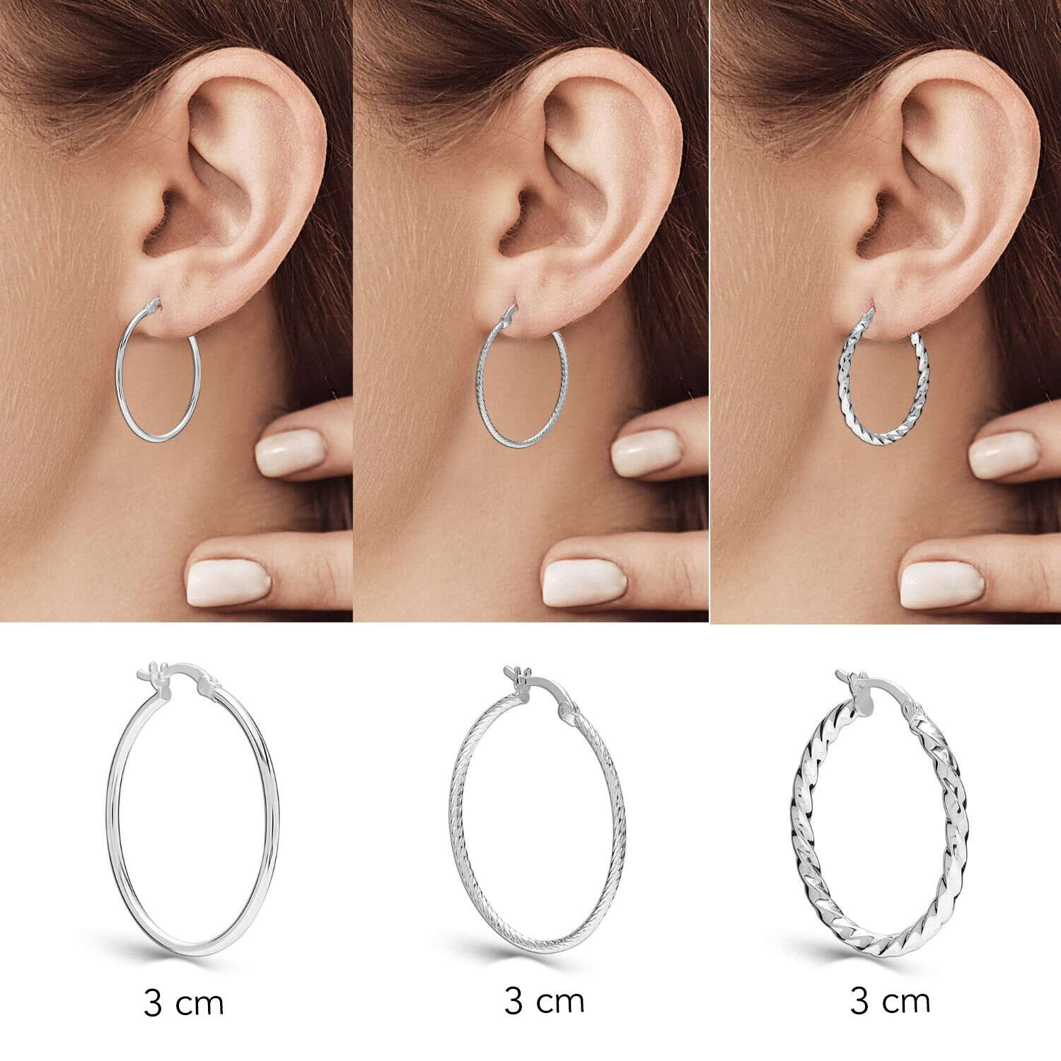 925 Sterling Silver SMALL Set of 3 Pairs Light-Weigh Classic Italian Click-Top Hoop Earrings for Girl Teen Women 30MM