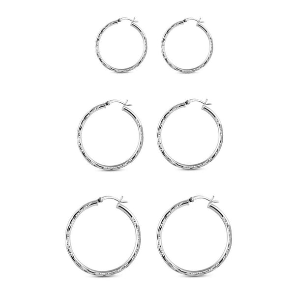 925 Sterling Silver Diamond Cut Hoop Earrings for Women Teen Set of 3 Pairs